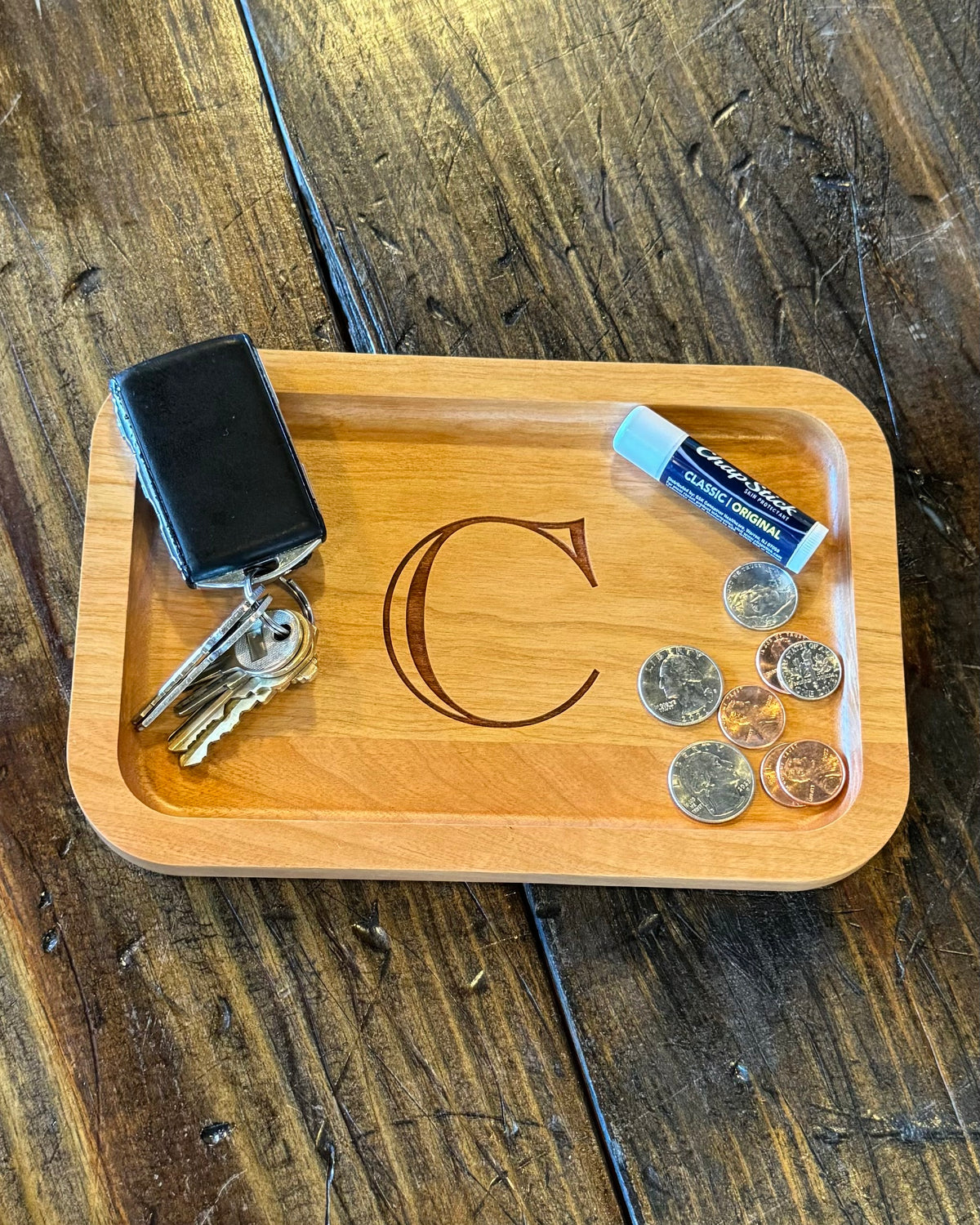 Cherry Wood Catch-All Tray Single Letter Design - C