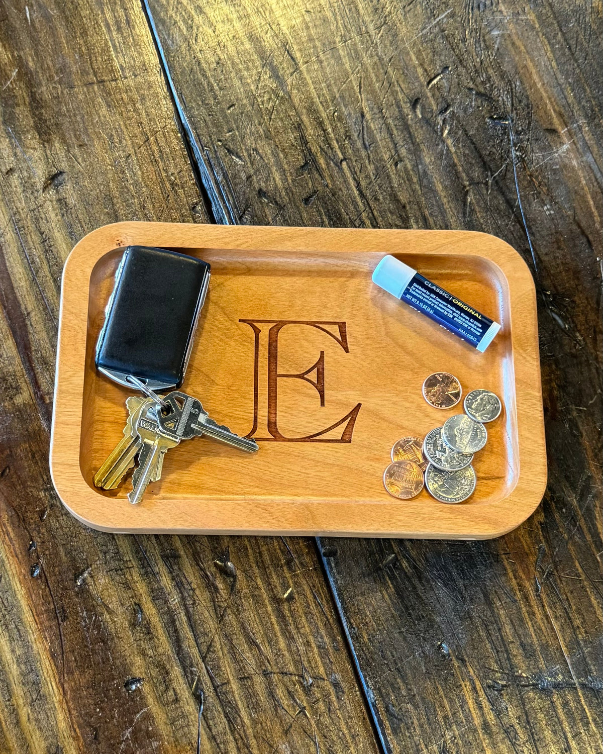Cherry Wood Catch-All Tray Single Letter Design - E