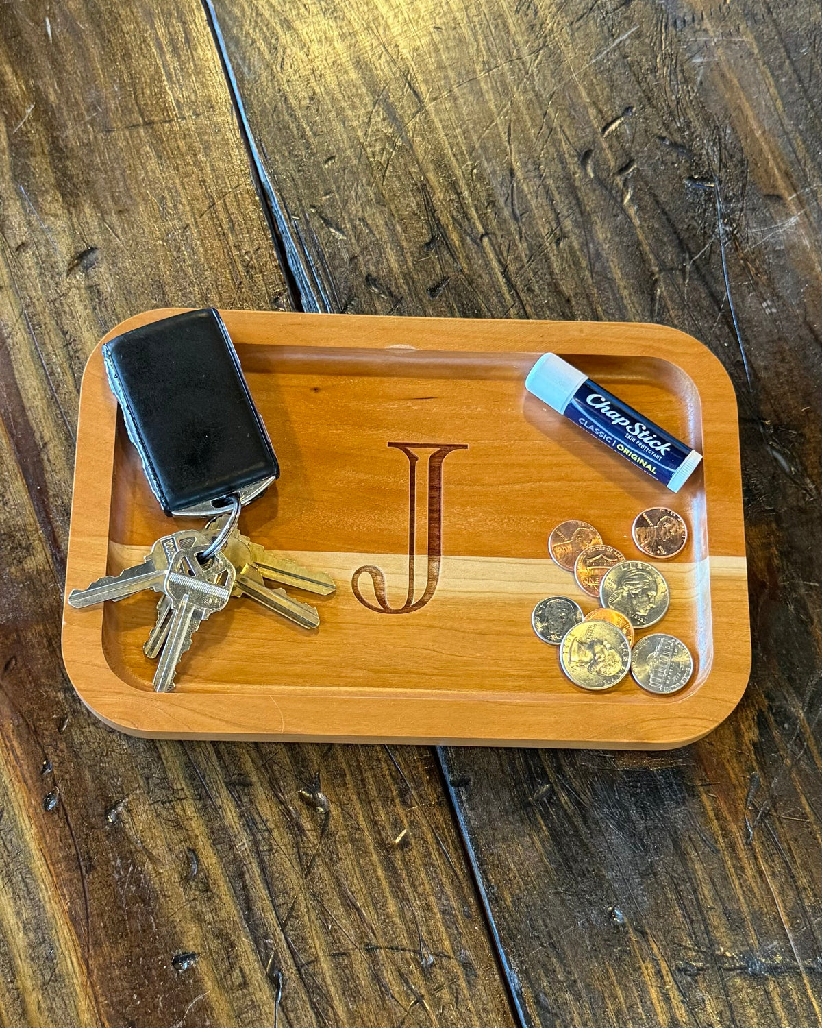 Cherry Wood Catch-All Tray Single Letter Design - J