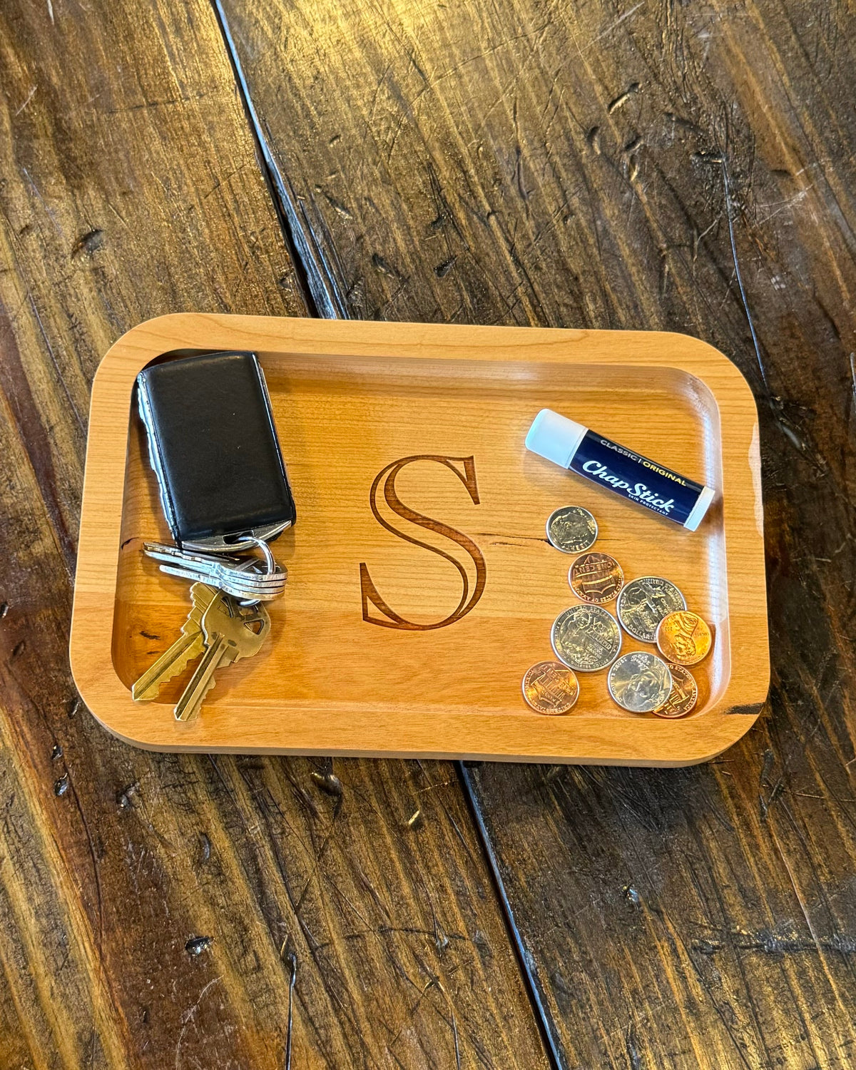 Cherry Wood Catch-All Tray Single Letter Design - S
